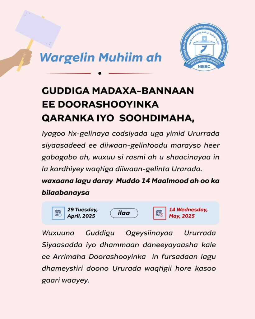 Ogaysiis: Fursada Ugu Danbaysa ee Diiwaangelinta Ururada Siyaasada ee daneeynaya  Ka Qaybgalka Doorashooyinka